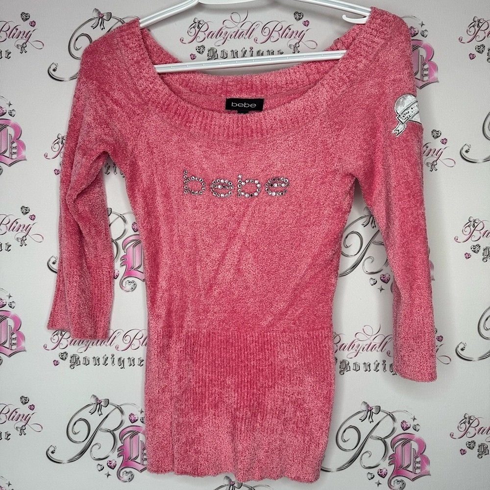 Bebe Pink Sweater Rhinestone Logo tattoo heart patch rare deadstock Swarovski